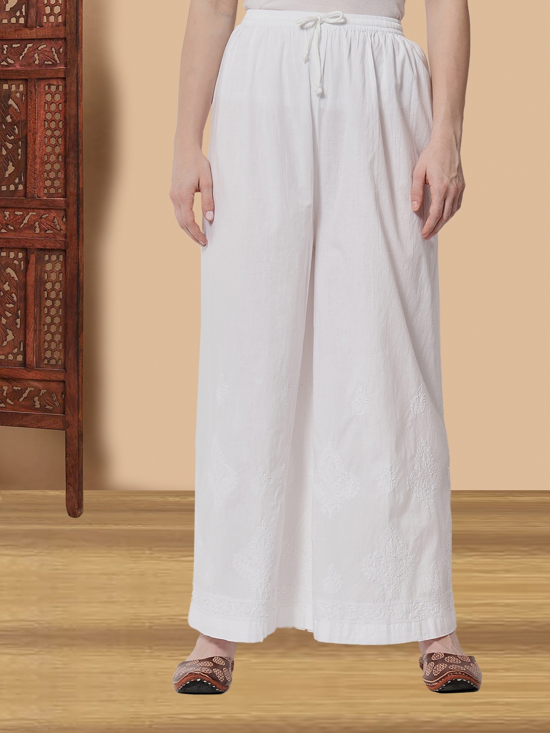 

PARAMOUNT CHIKAN Women Ethnic Motifs Embroidered Chikankari Cotton Palazzos, White