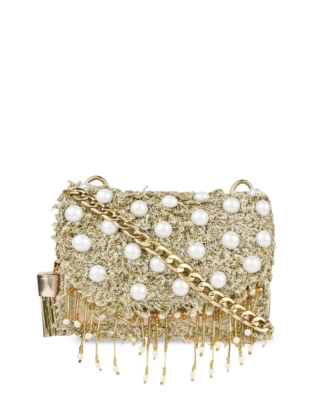 

Vdesi Embellished PU Fringed Sling Bag, Gold