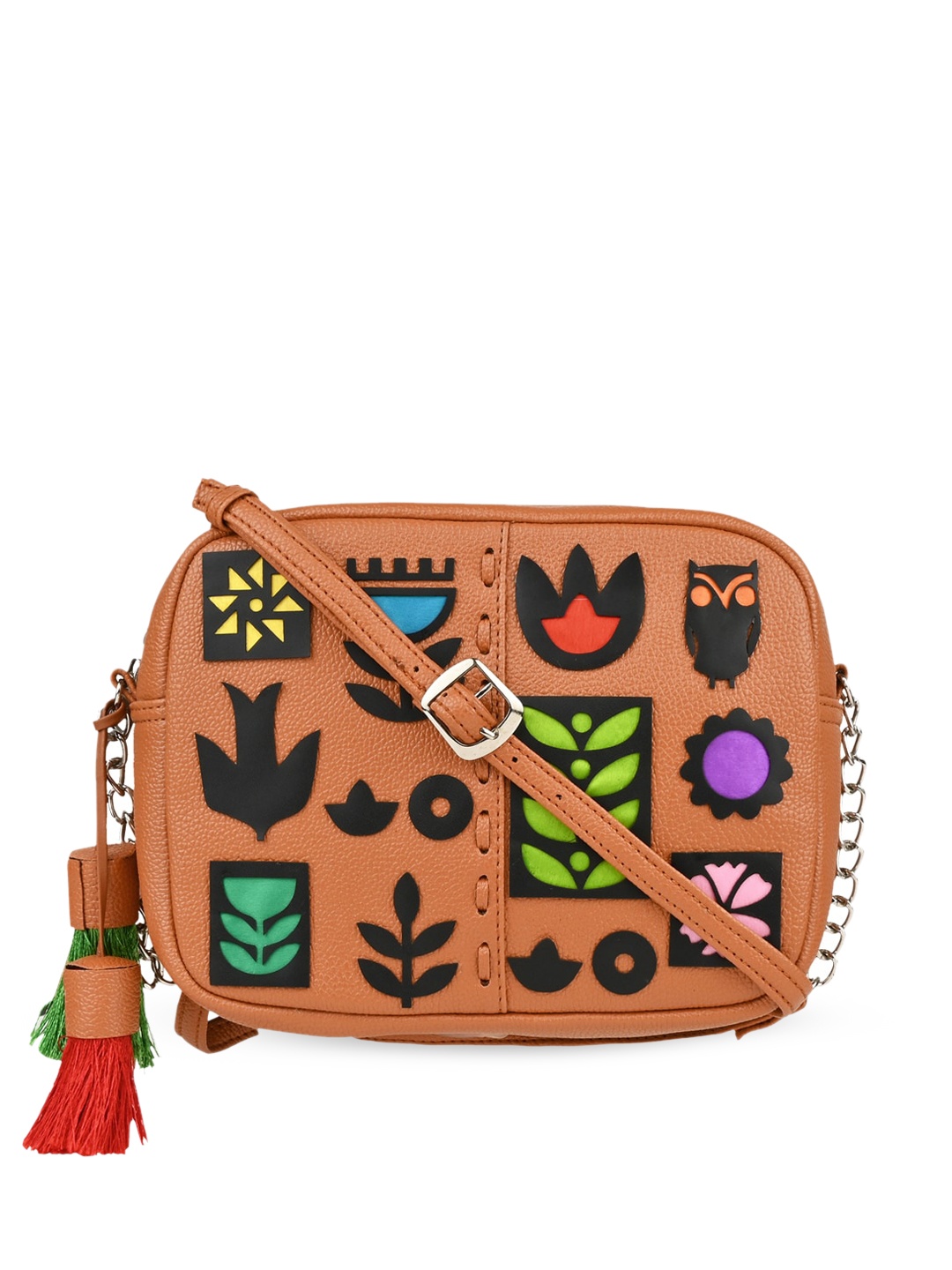 

Vdesi Geometric PU Structured Sling Bag with Applique, Tan