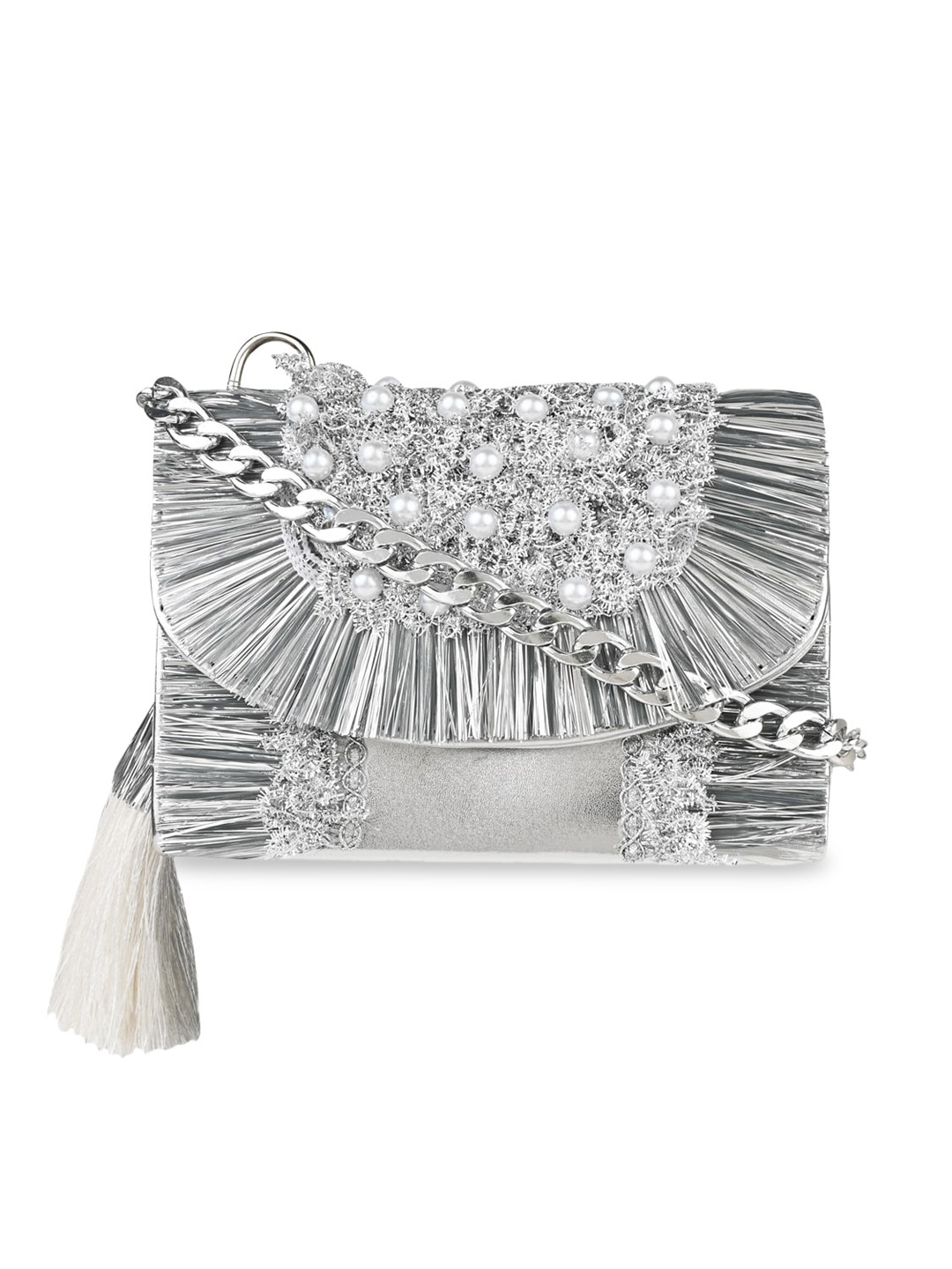 

Vdesi Embellished PU Structured Sling Bag with Tasselled, Silver