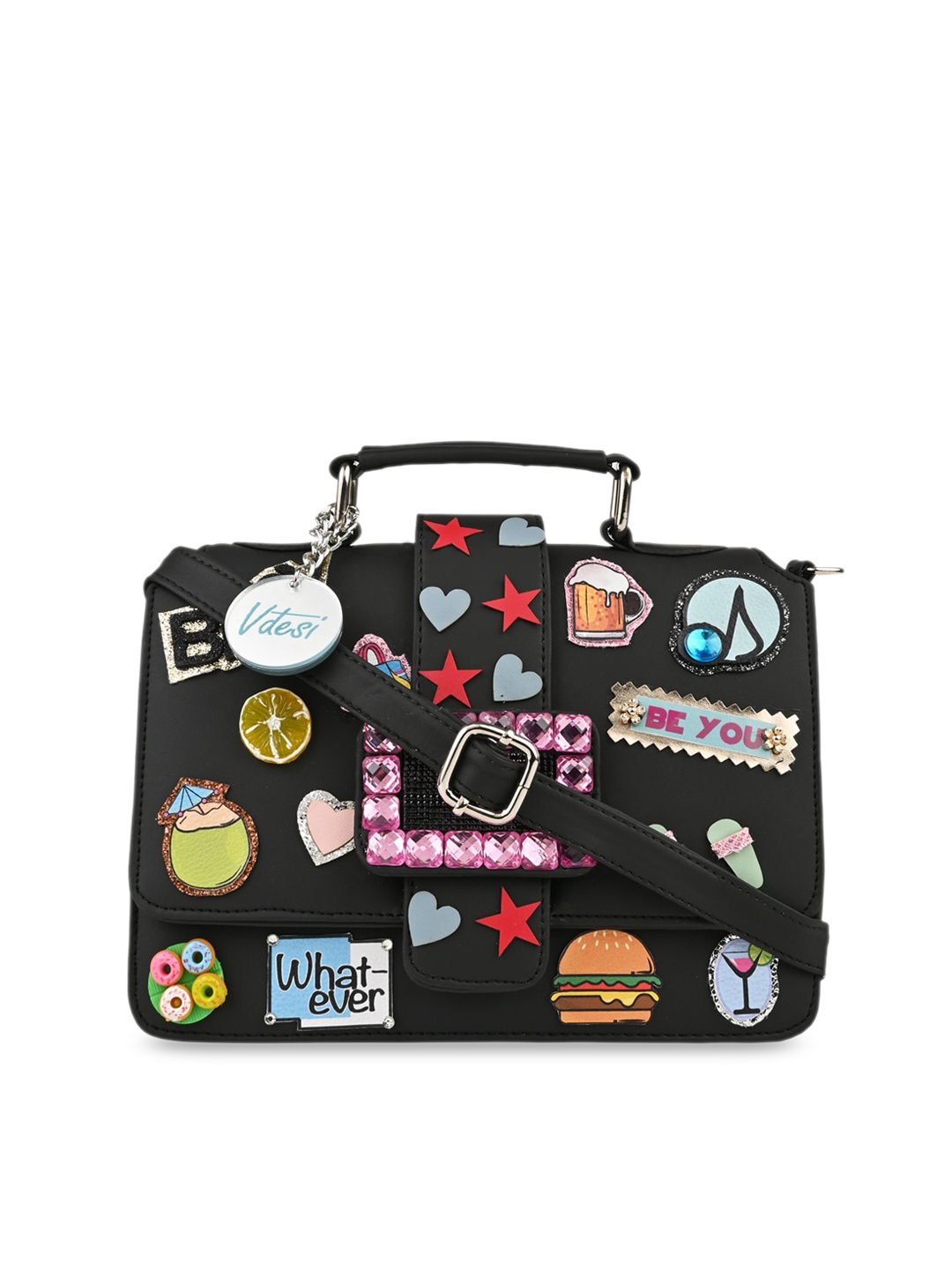 

Vdesi PU Pop Badges Satchel with Applique, Black