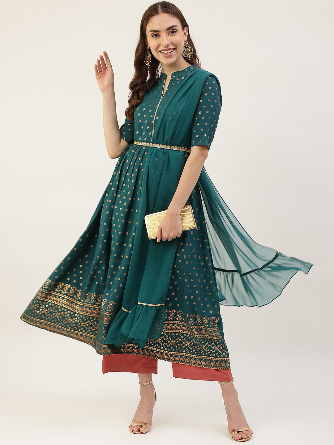 

FIORRA Women Ethnic Motifs Printed Crepe Anarkali Kurta With Dupatta & Belt, Sea green