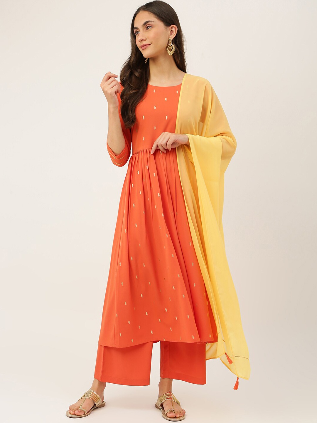 

FIORRA Women Ethnic Motifs Printed Crepe Kurta With Dupatta, Orange