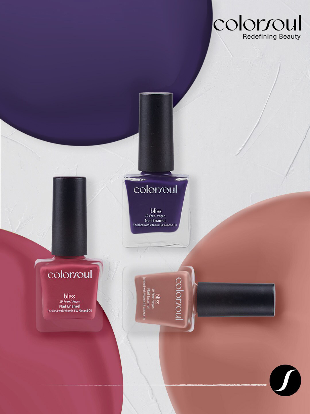 

Colorsoul Set of 3 Bliss Vegan Nail Enamel with Vitamin E & Almond Oil - 8 ml each, Pink