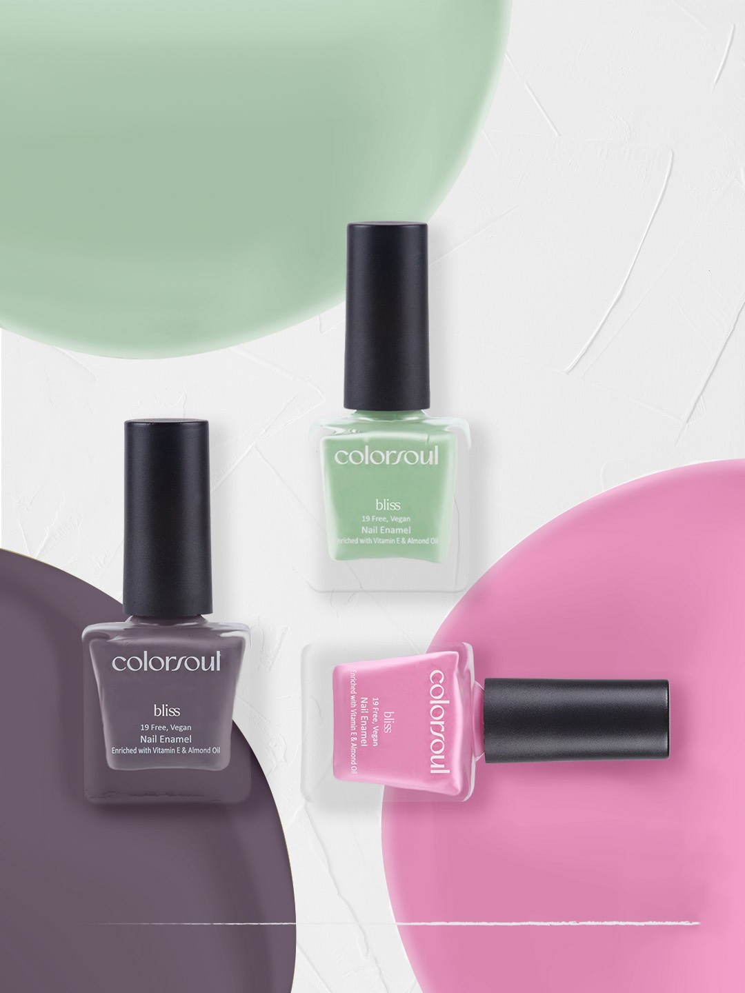 

Colorsoul Set Of 3 Vegan & 19 Free Bliss Nail Enamel with Vitamin E 8ml Each - Pink Pie B02 + Smog B17 + Grey Crest B23