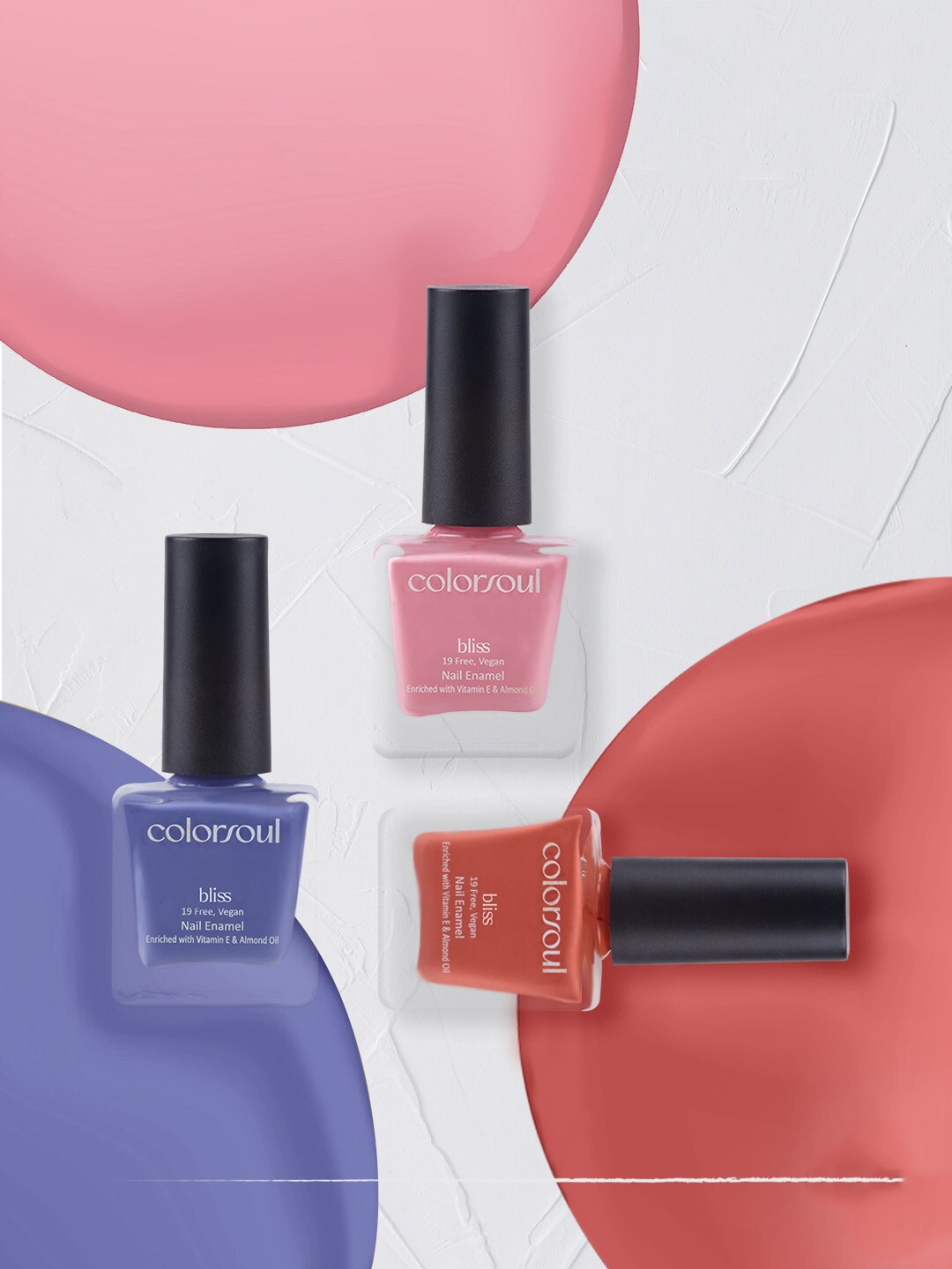 

Colorsoul Set Of 3 Vegan & 19 Free Bliss Nail Enamel with Vitamin E 8ml Each - Breezy Pink B01 + Tickled Purple 08 + Peach Crush 15