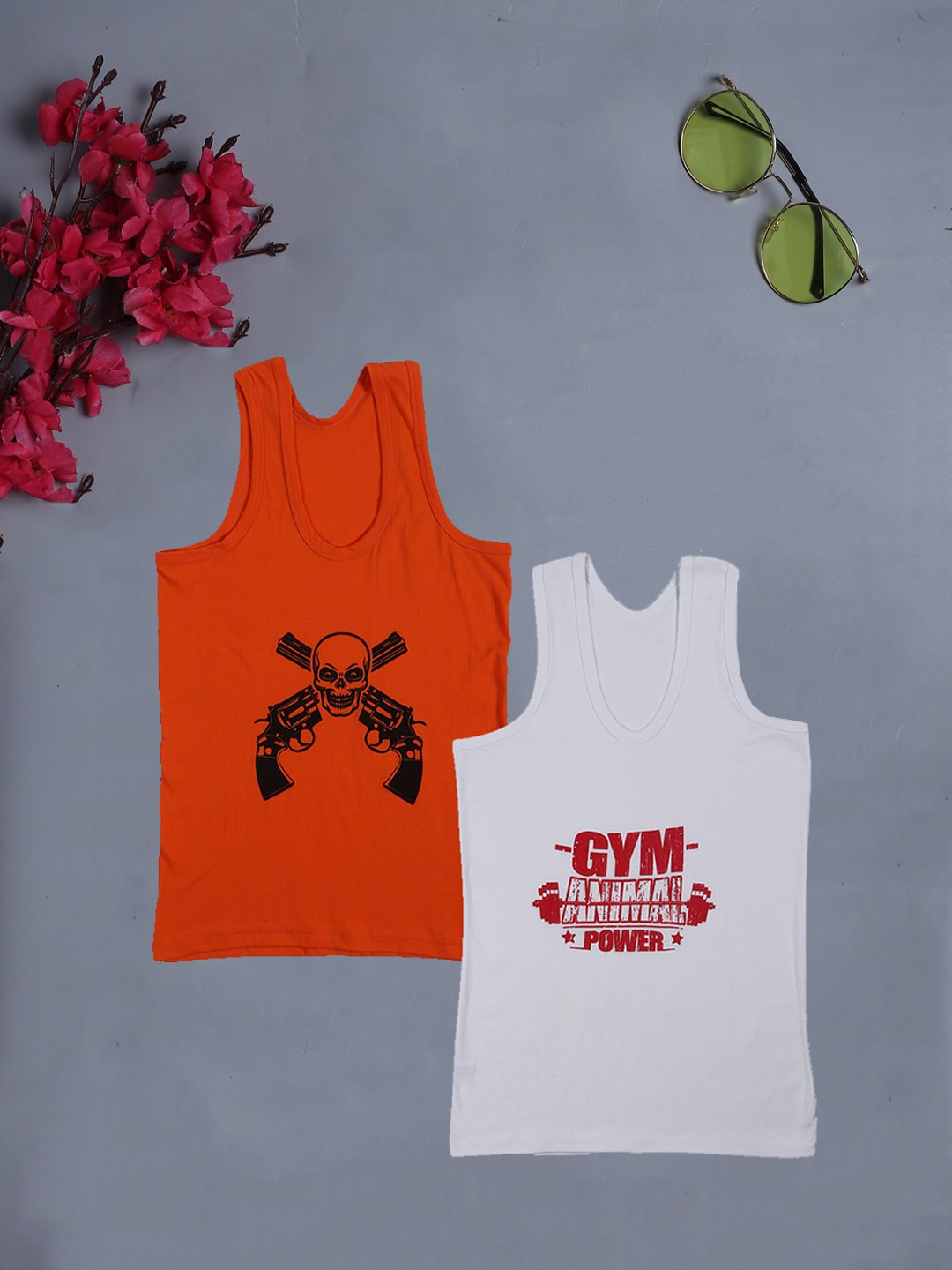 

Fleurt Men Printed Pack Of 2 Assorted Cotton Innerwear Vests, White