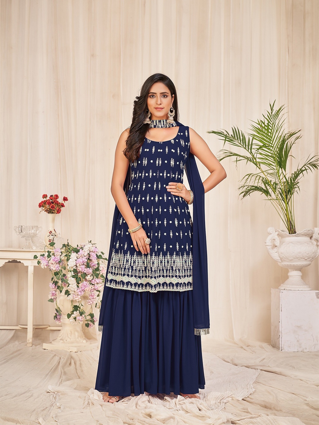 Atsevam Women Navy Blue & White Embroidered Semi-Stitched Dress Material
