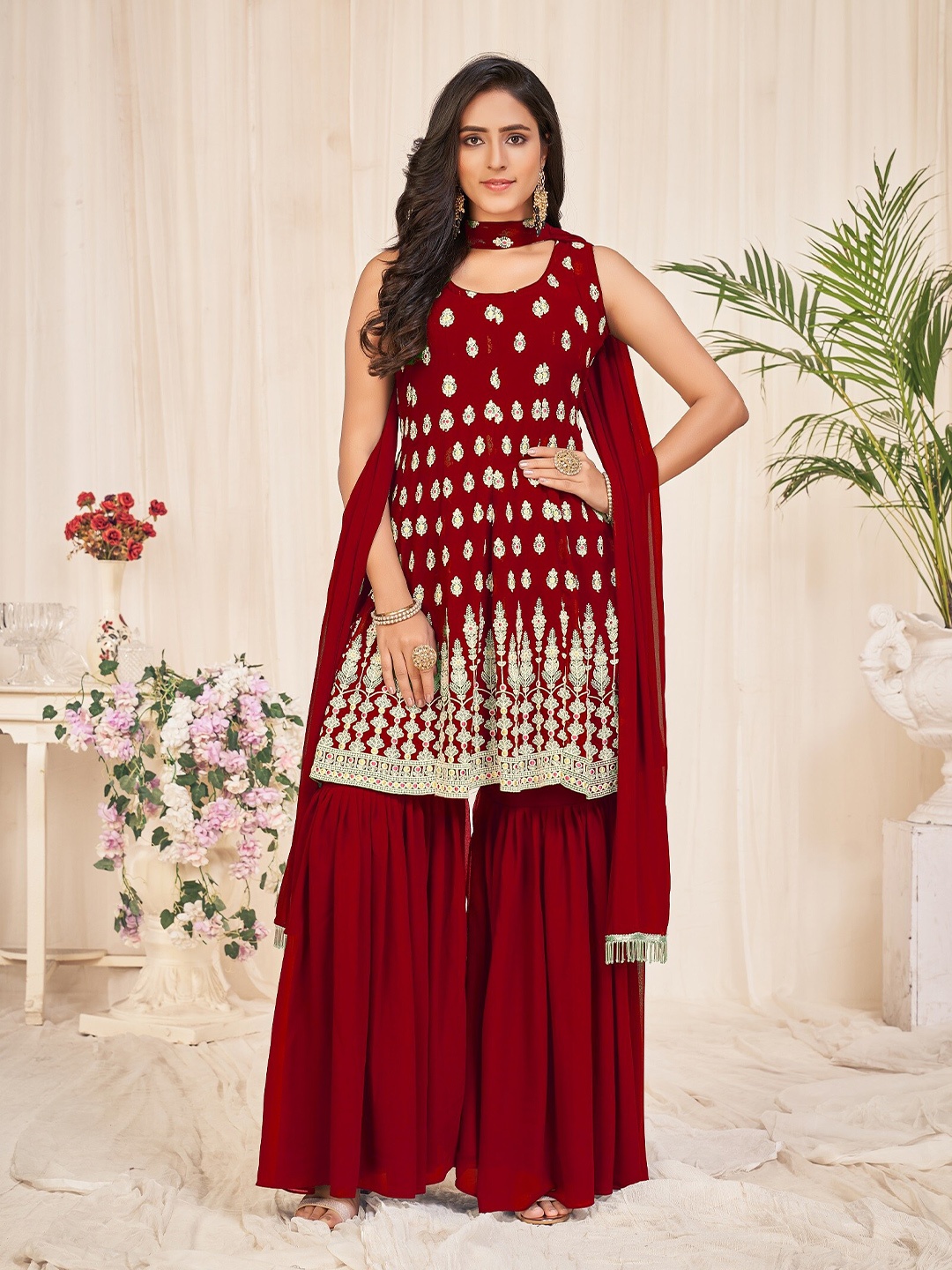 

Atsevam Women Embroidered Semi-Stitched Dress Material, Maroon