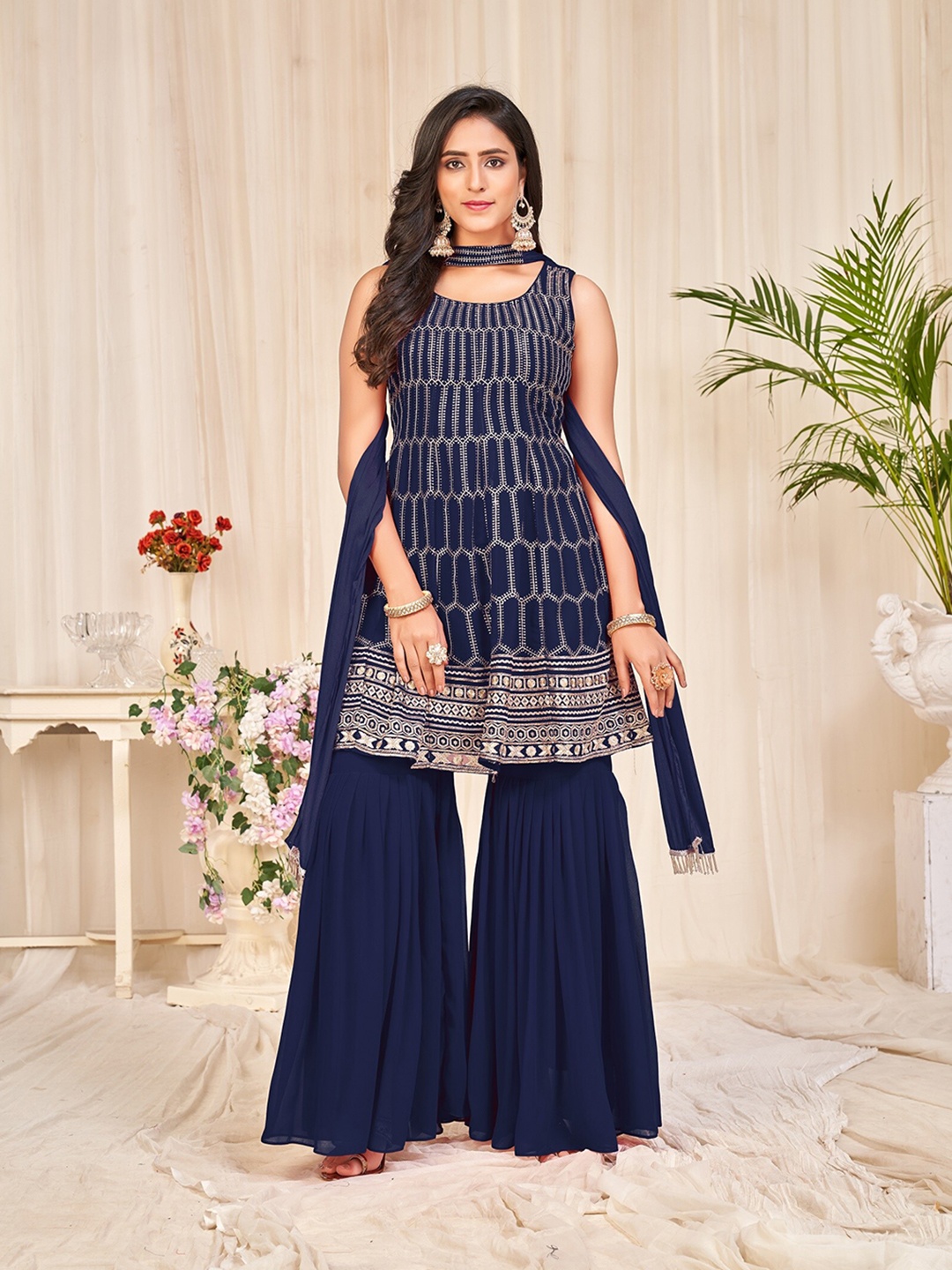 

Atsevam Women Embroidered Semi-Stitched Dress Material, Blue