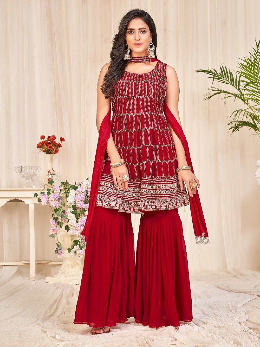 

Atsevam Women Embroidered Semi-Stitched Dress Material, Red