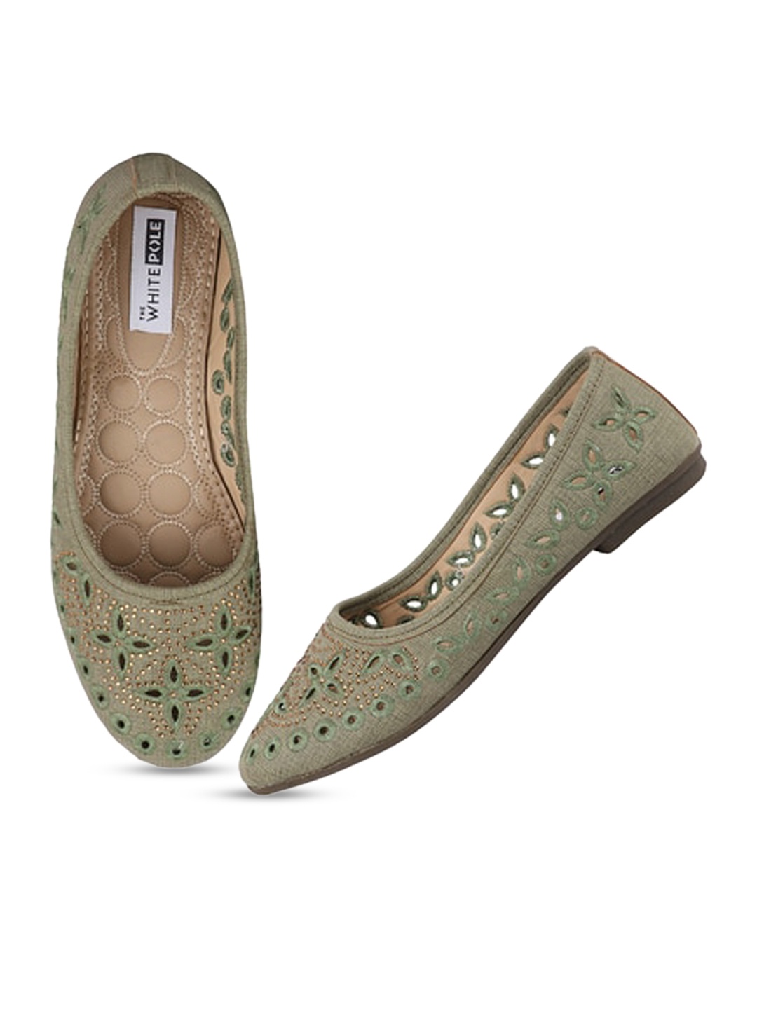

THE WHITE POLE Women Embellished Ballerinas with Laser Cuts Flats, Green