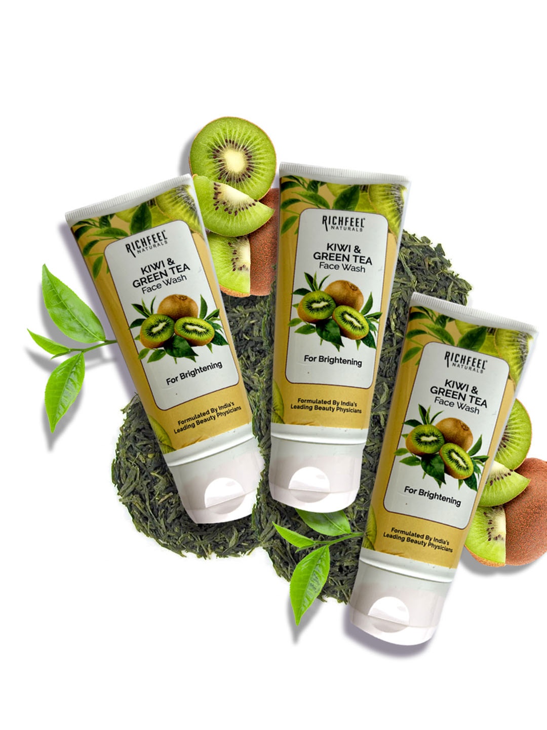 

Richfeel Set of 3 Kiwi & Green Tea Face Wash for Brightening Skin - 100 g Each, White