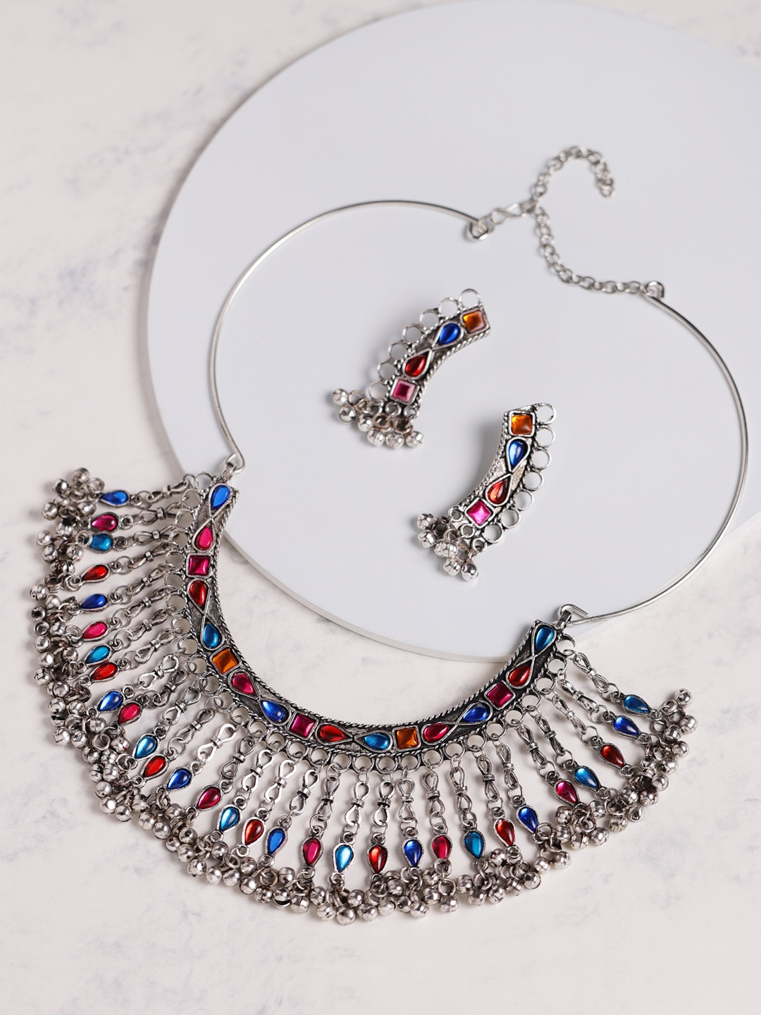 

DEEBACO Oxidised Silver-Plated Stone-Studded Jewellery Set