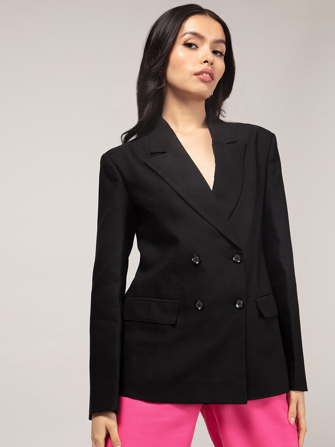 

20Dresses Women Black Solid Regular-Fit Double-Breasted Blazer