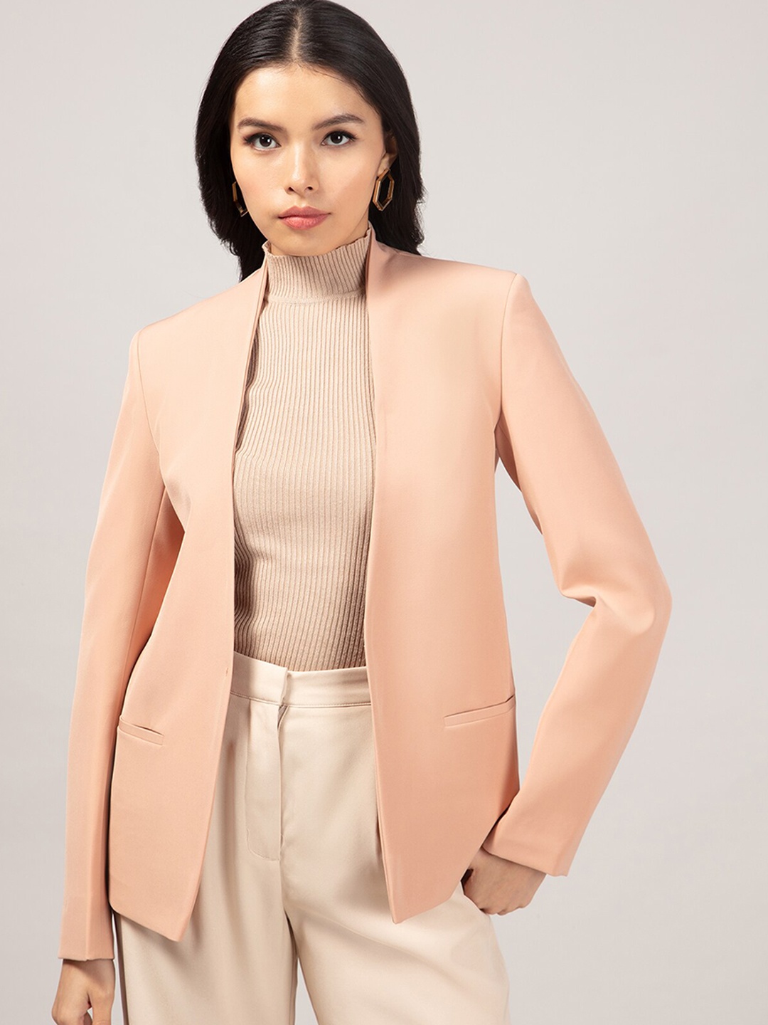 

20Dresses Women Solid Collarless Open-Front Blazer, Beige