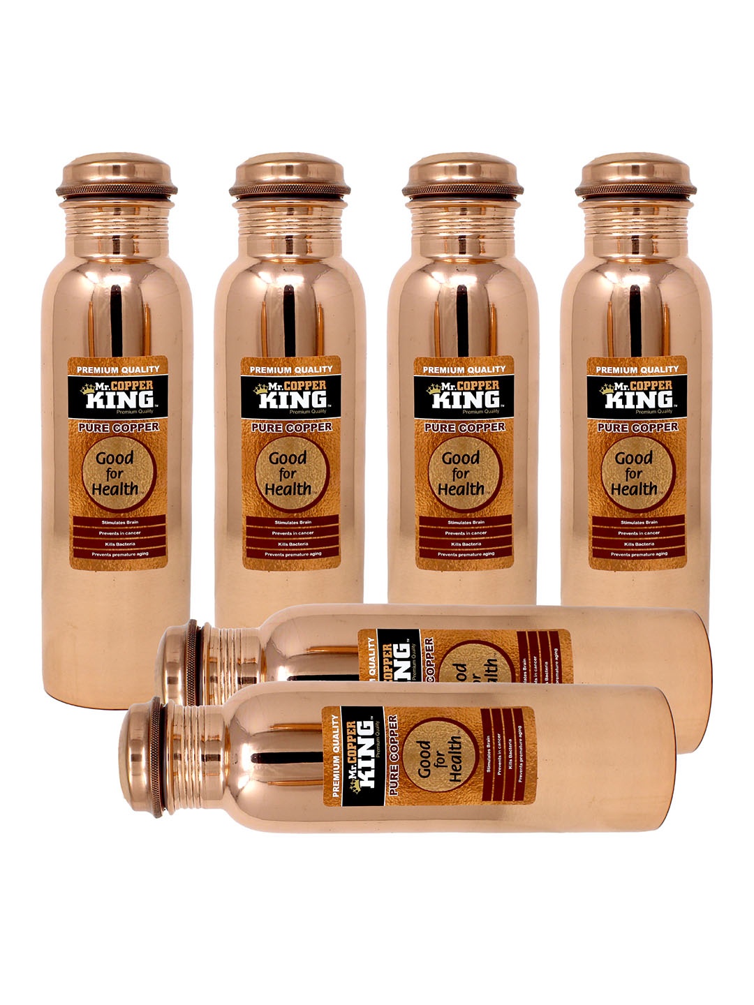 

MR. COPPER KING Brown Set Of 6 Solid Copper Water Bottles - 950 ML