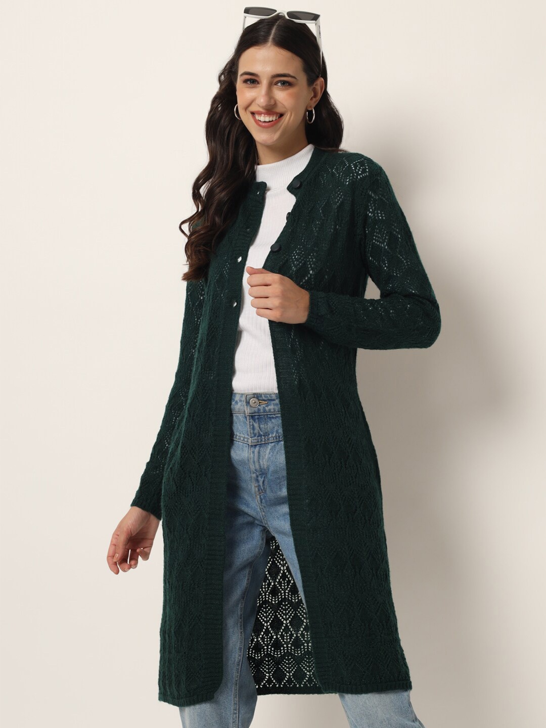 

BROOWL Women Green Self Design Longline Cardigan