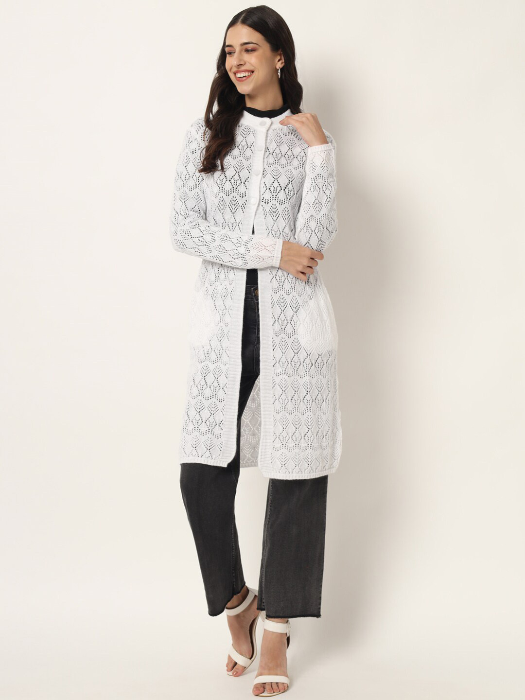 

BROOWL Women Self Design Longline Cardigan, White