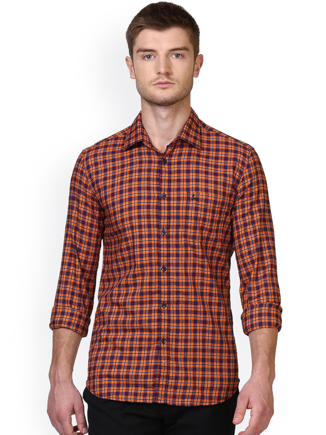 

Parx Men Orange Smart Slim Fit Checked Casual Shirt