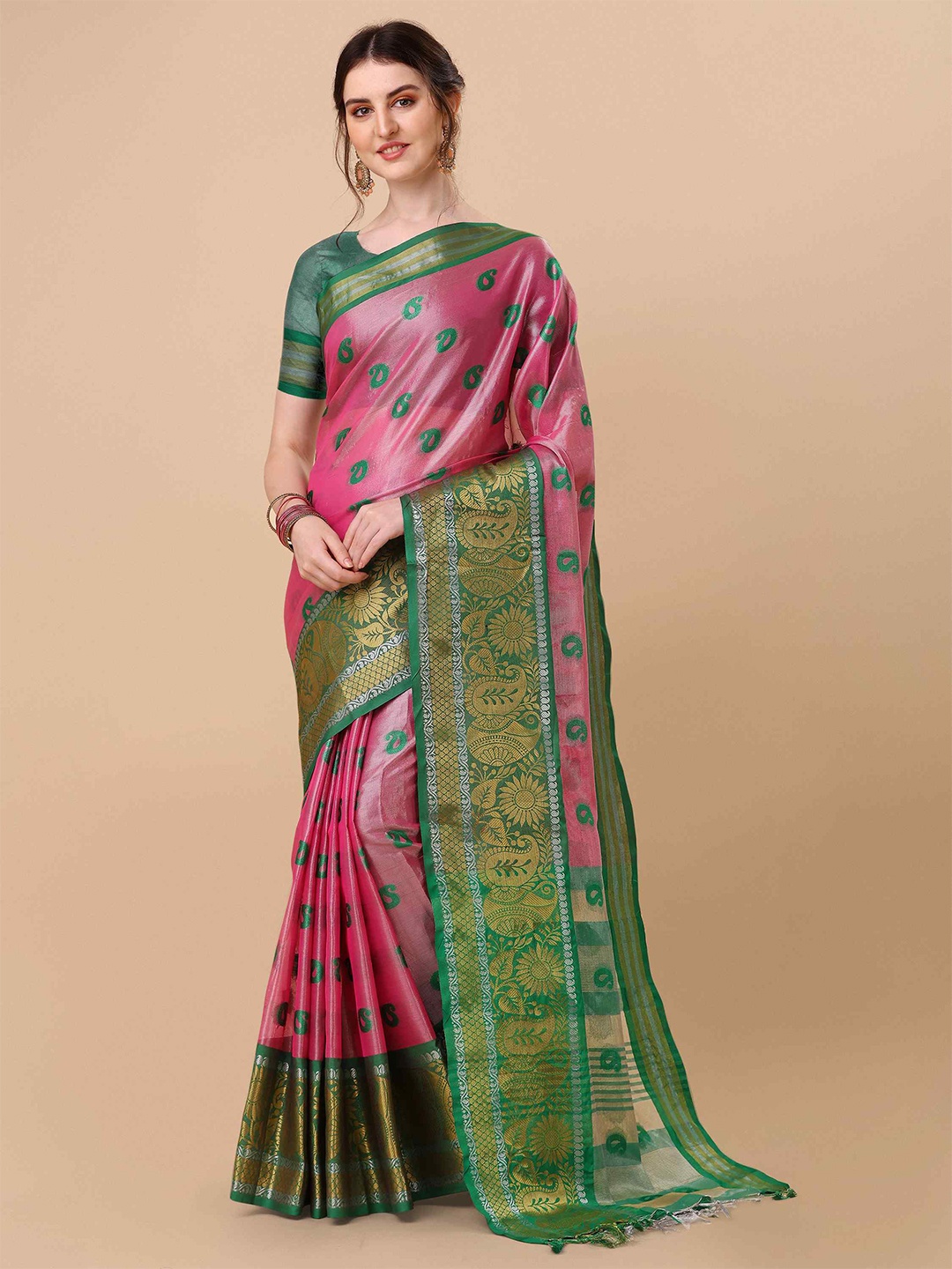 

Mitera Woven Design Organza Zari Detail Mysore Silk Saree, Pink