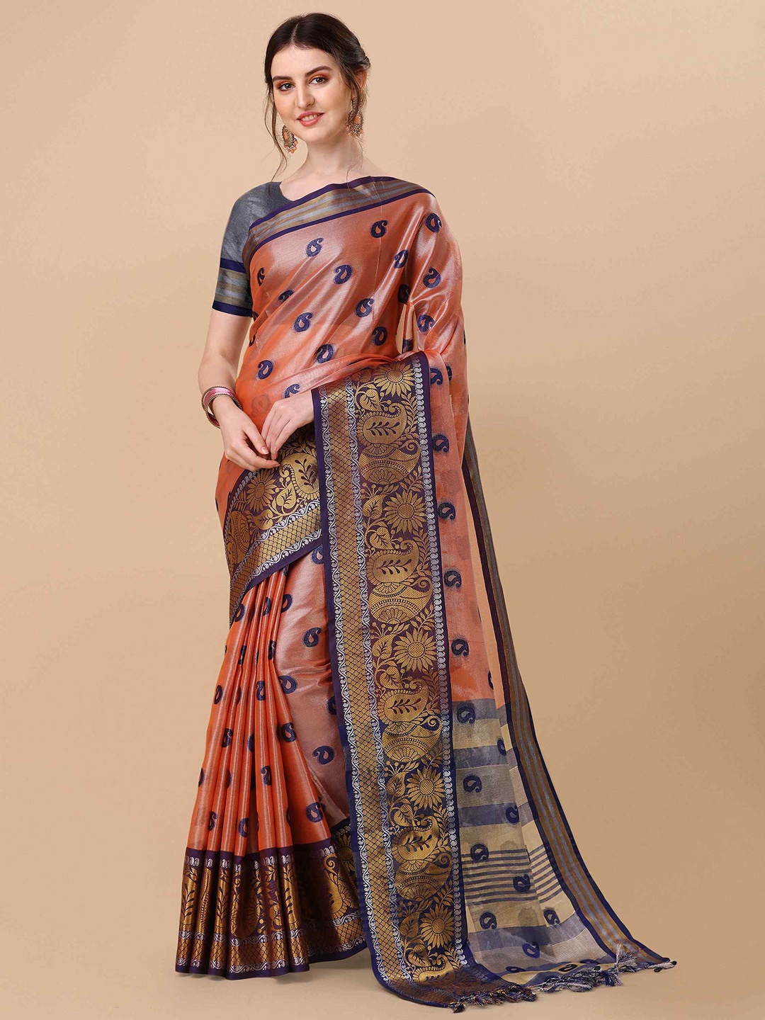 

Mitera Woven Design Organza Zari Detail Mysore Silk Saree, Orange