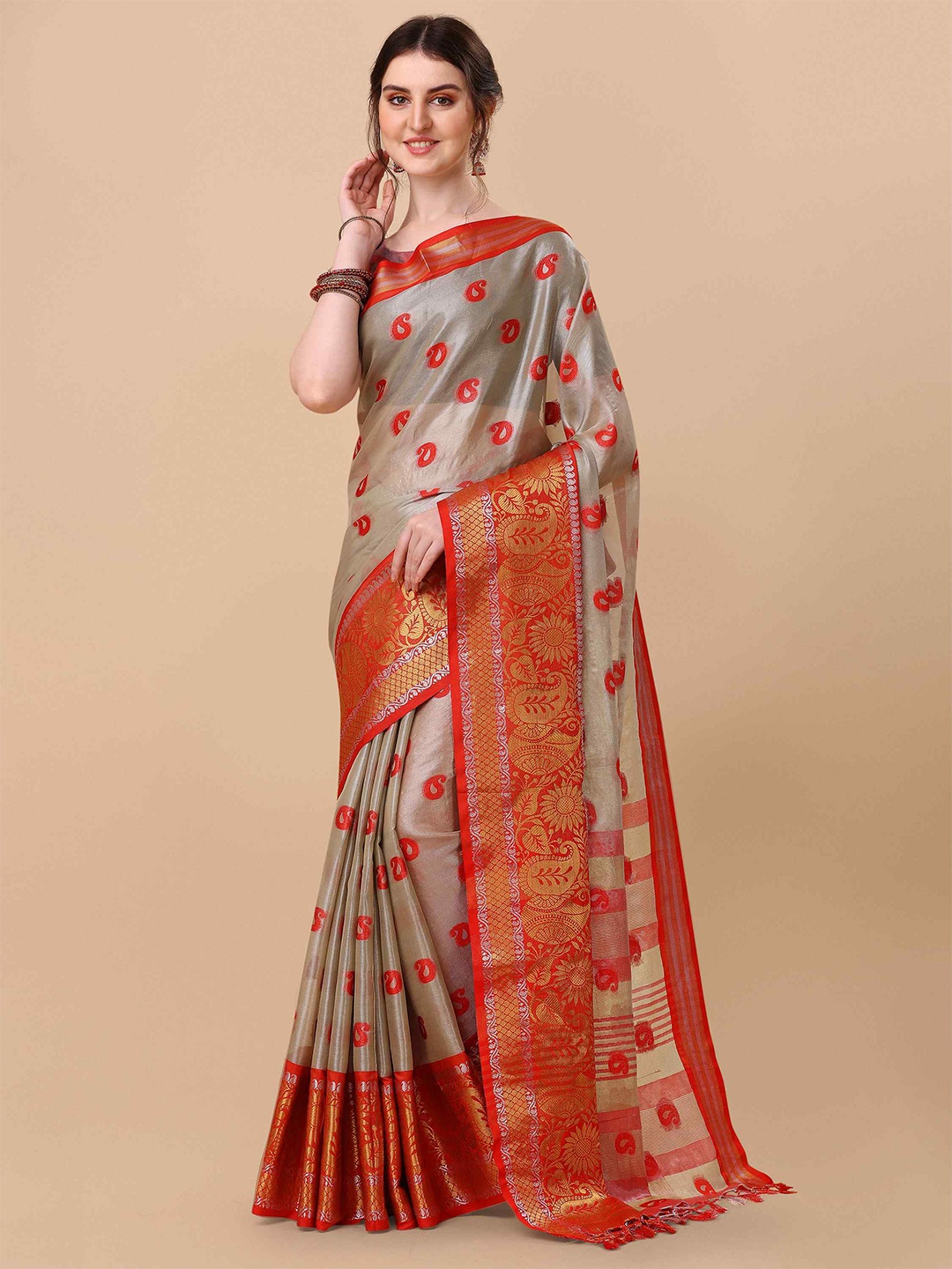 

Mitera Woven Design Zari Organza Mysore Silk Saree, Cream