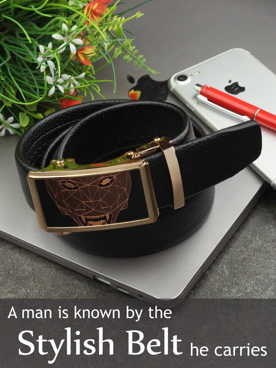 

Elite Crafts Men Textured Leather Formal Belt, Black