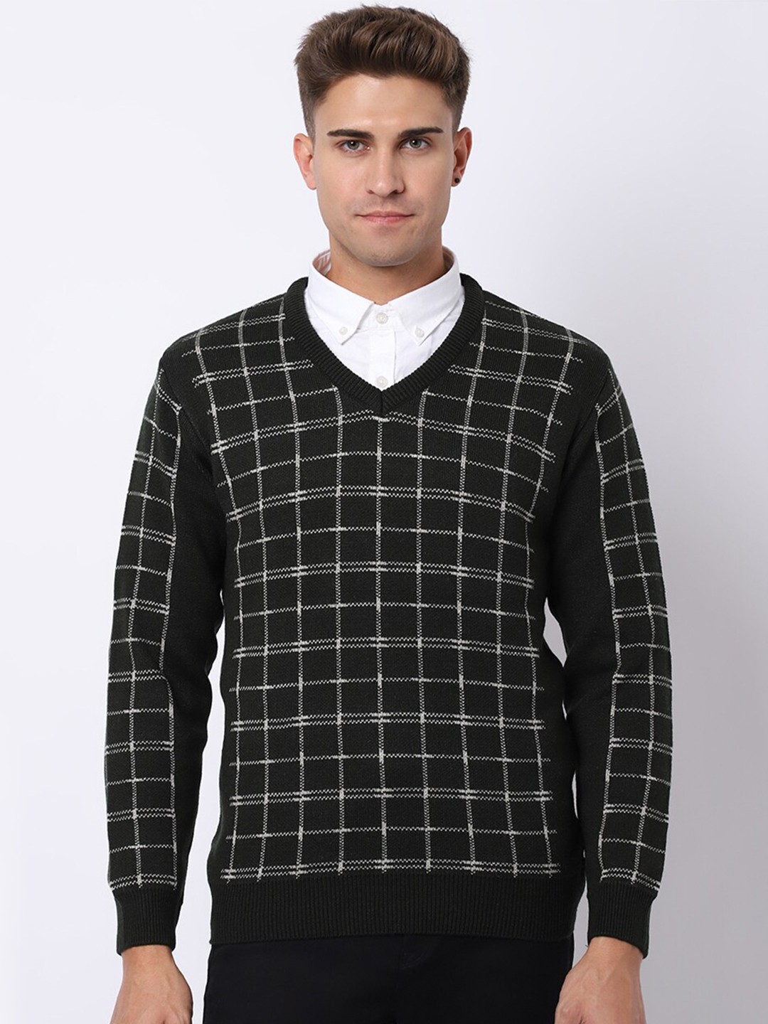 

VENITIAN Men Checked Pullover, Olive