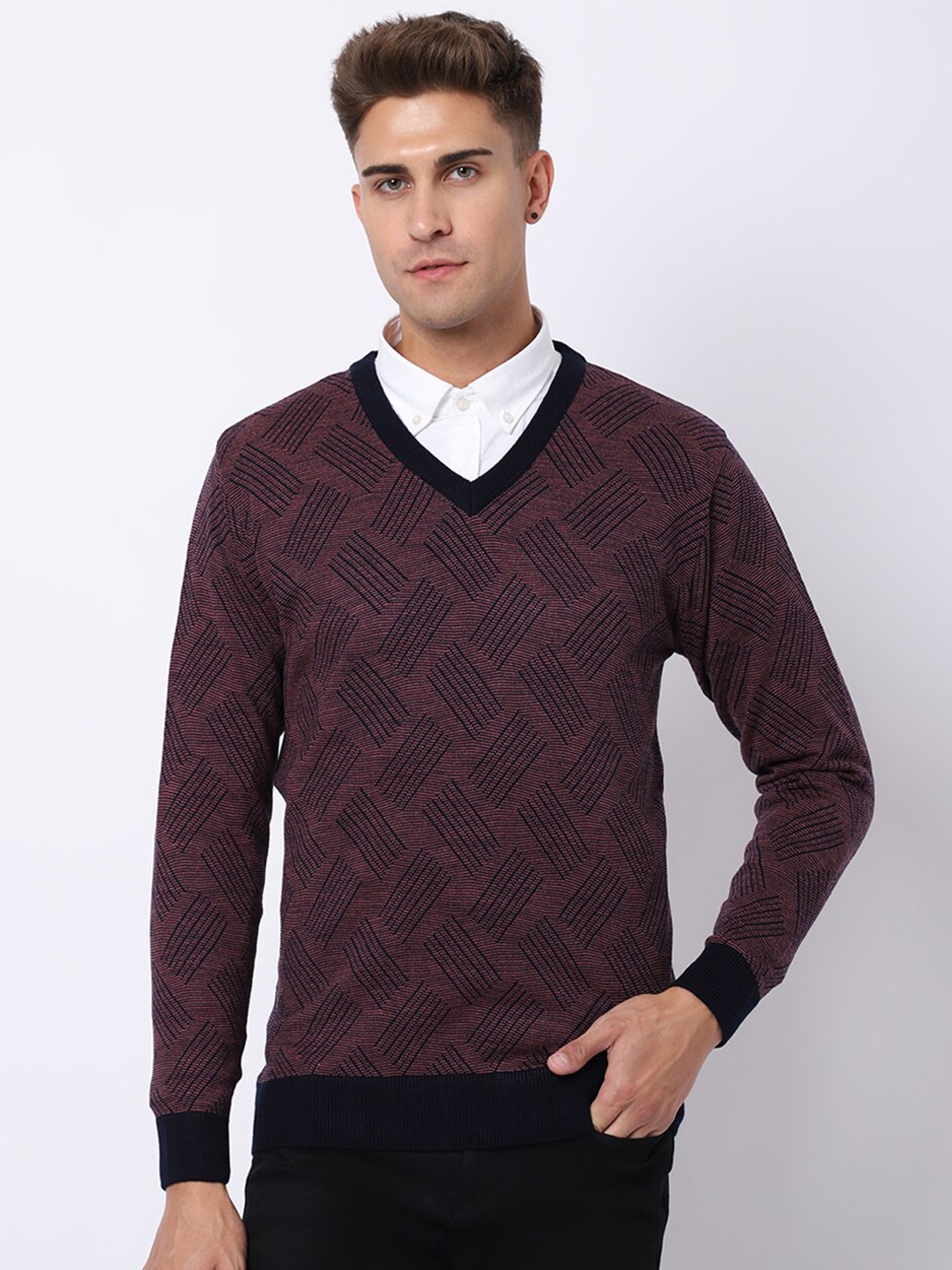 

VENITIAN Men Cable Knit Pullover, Burgundy