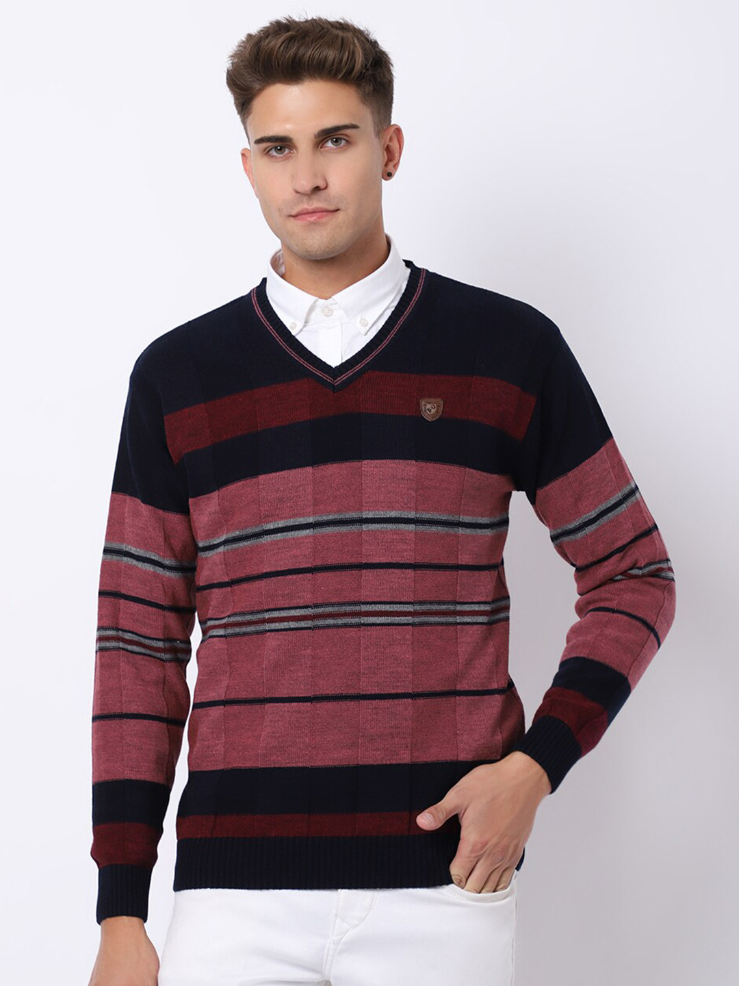 

VENITIAN Men Colourblocked Striped Pullover, Navy blue