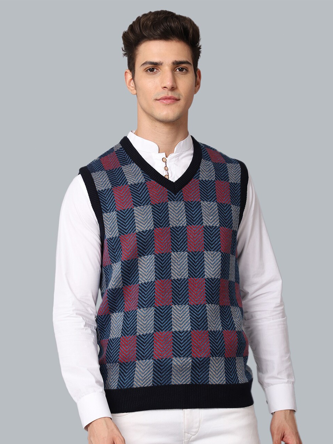 

VENITIAN Men Checked Sweater Vest, Navy blue