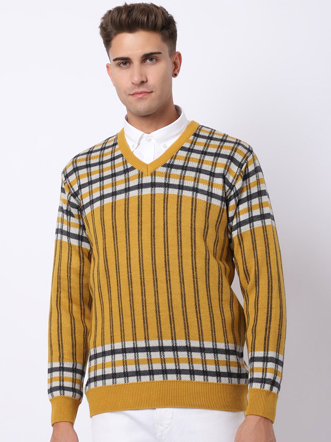 

VENITIAN Men Striped Pullover, Mustard