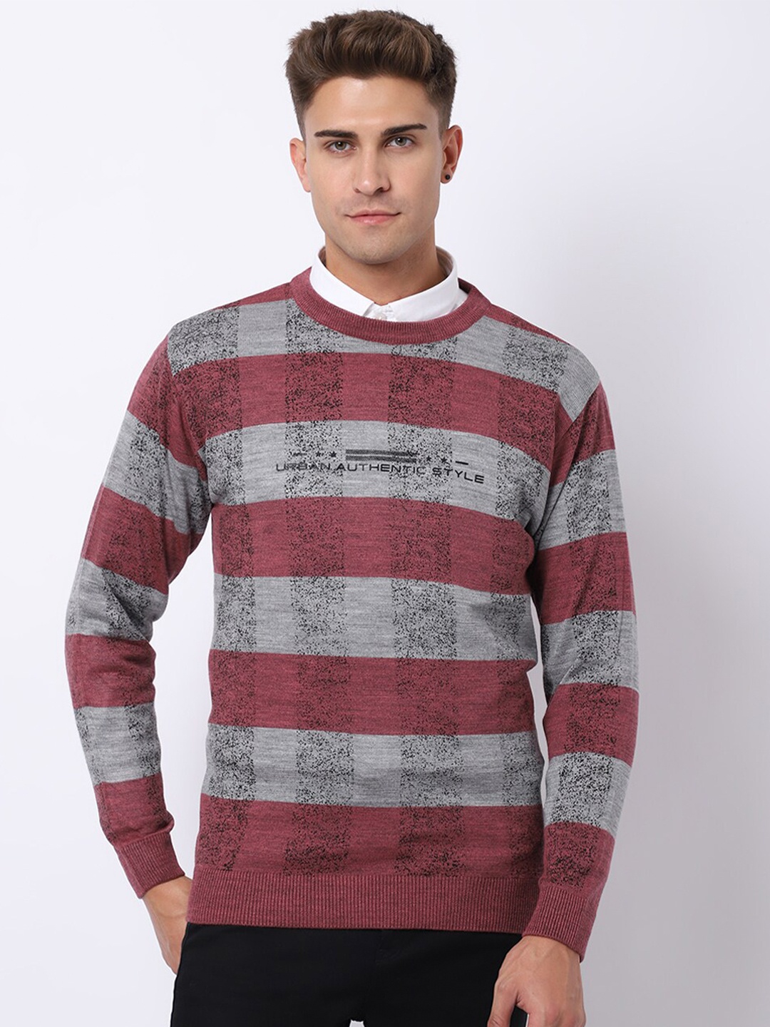 

VENITIAN Men Colourblocked Striped Pullover, Grey