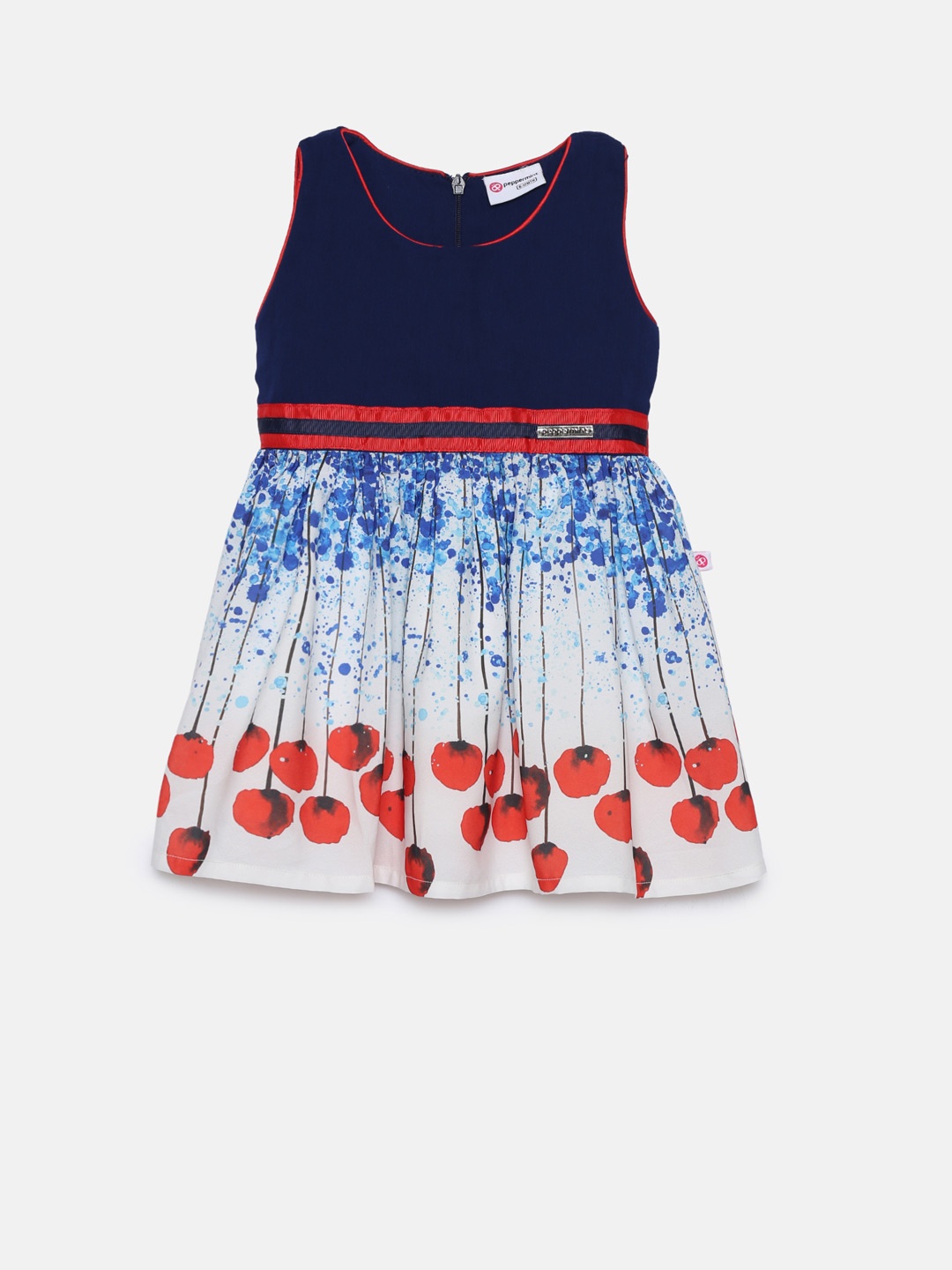 

Peppermint Girls Navy & White Printed Fit and Flare Dress, Navy blue