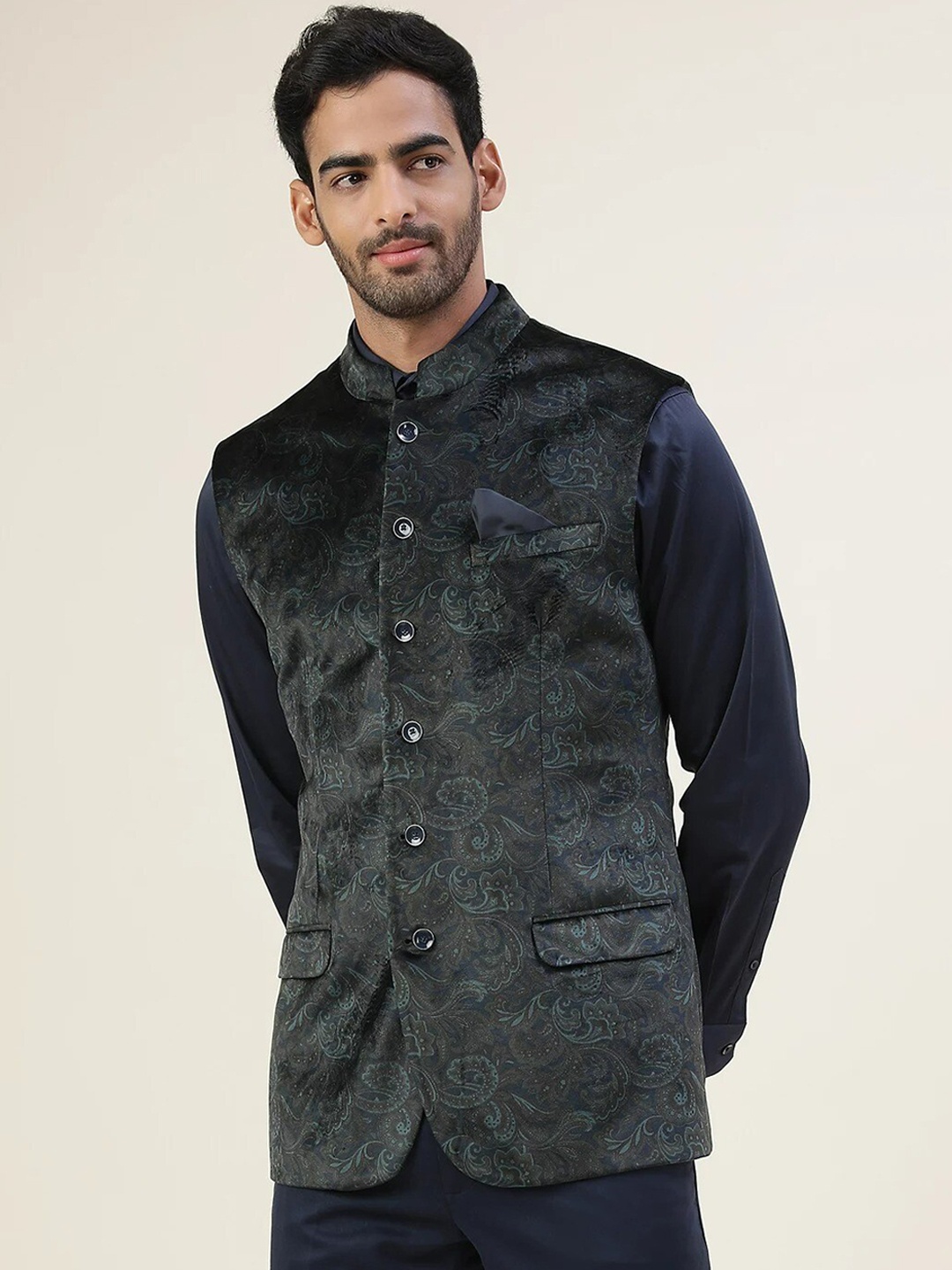 

Marks & Spencer Men Embossed Nehru Jacket, Green