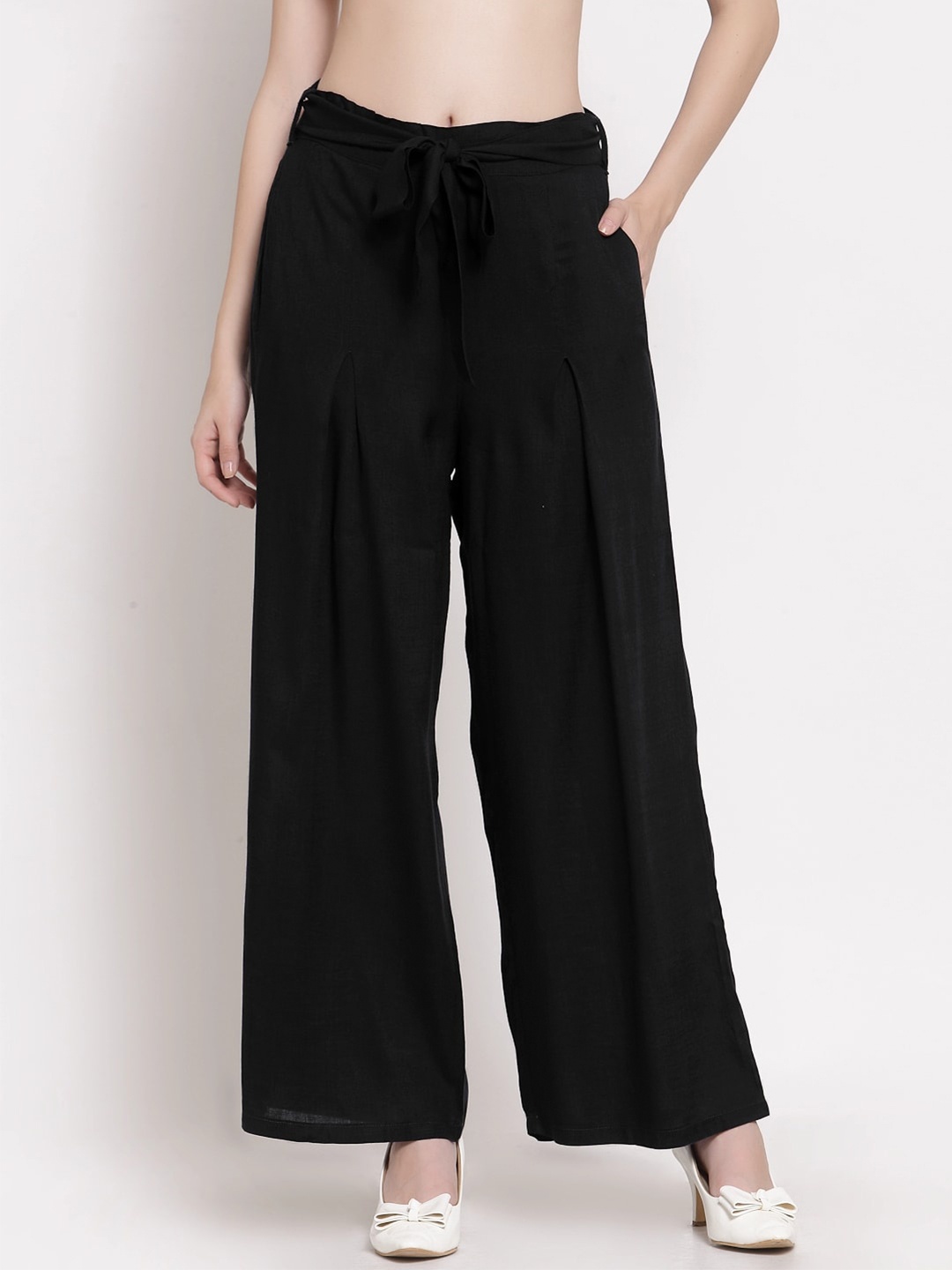 

PATRORNA Women Solid Flared Palazzos, Black