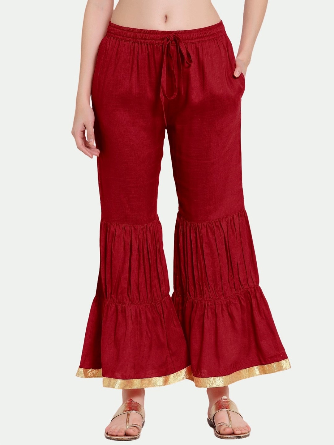 

PATRORNA Women Solid Wide Leg Ethnic Palazzos, Maroon
