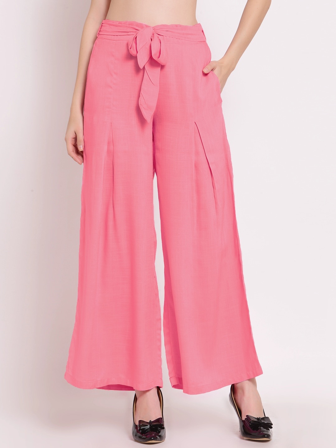 

PATRORNA Women Pleated Flared Palazzos, Pink