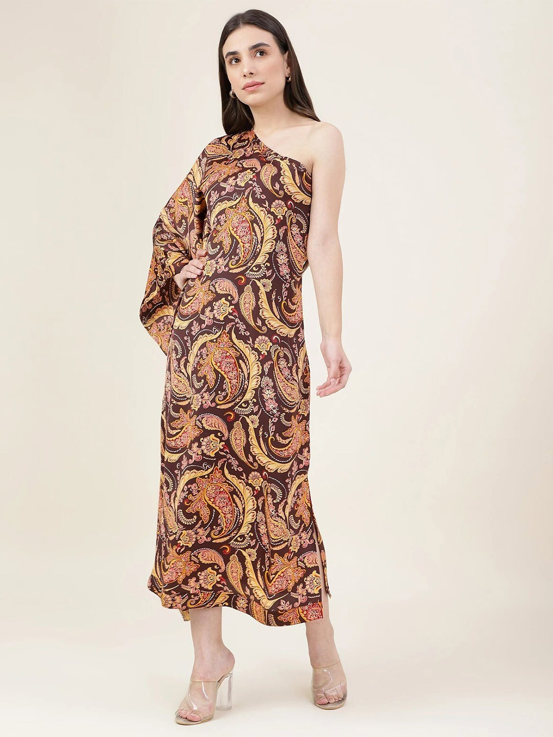 

Marks & Spencer Ethnic Motifs One Shoulder A-Line Maxi Dress, Brown