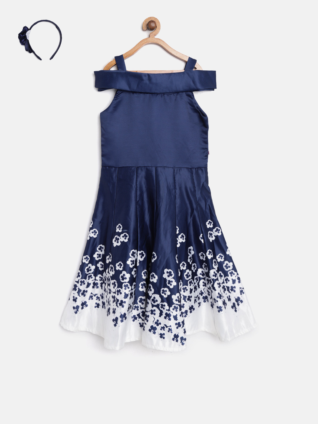 

Peppermint Girls Navy & White Printed Fit & Flare Dress, Navy blue