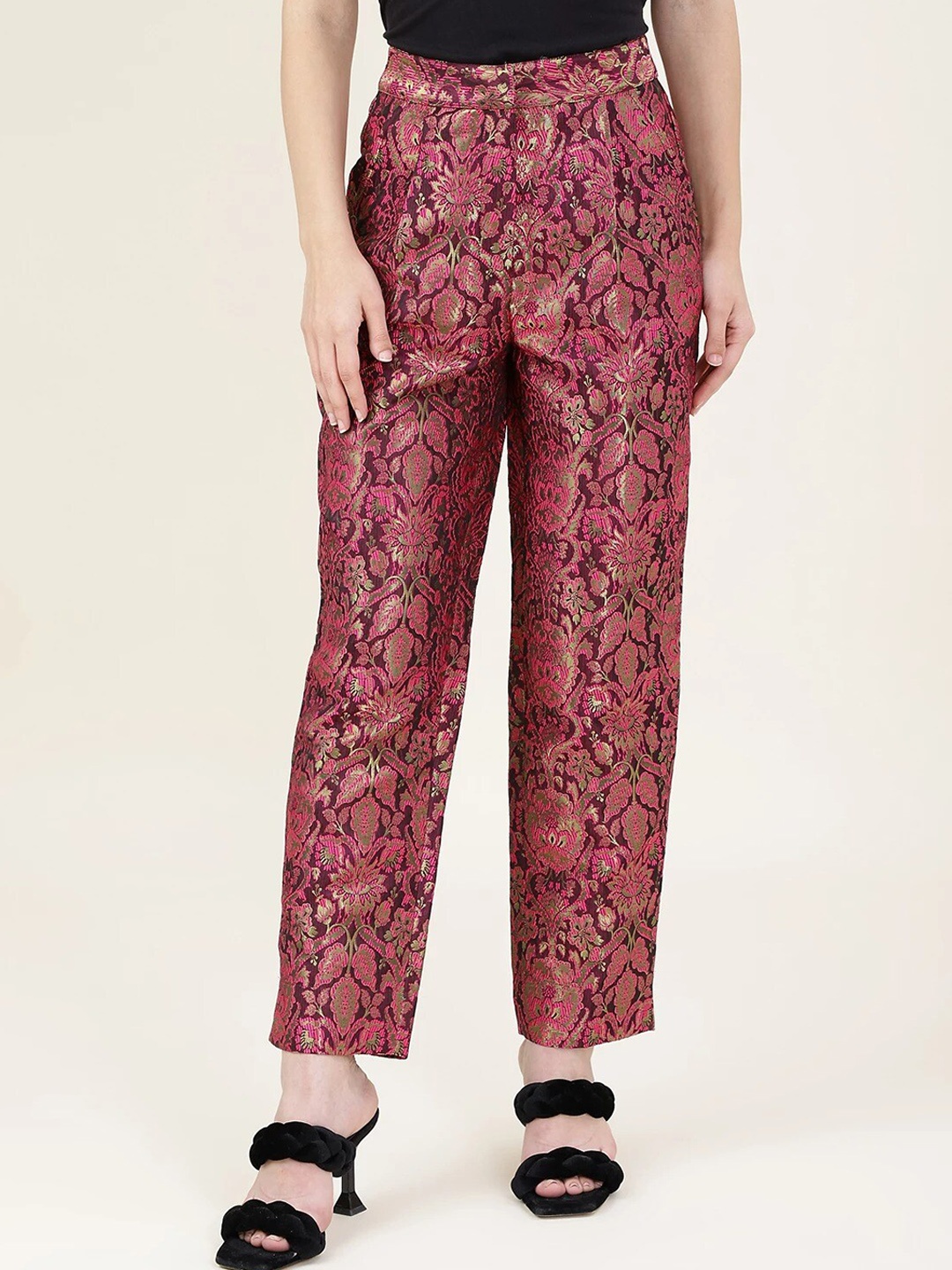 

Marks & Spencer Women Floral Printed High Rise Trouser, Maroon