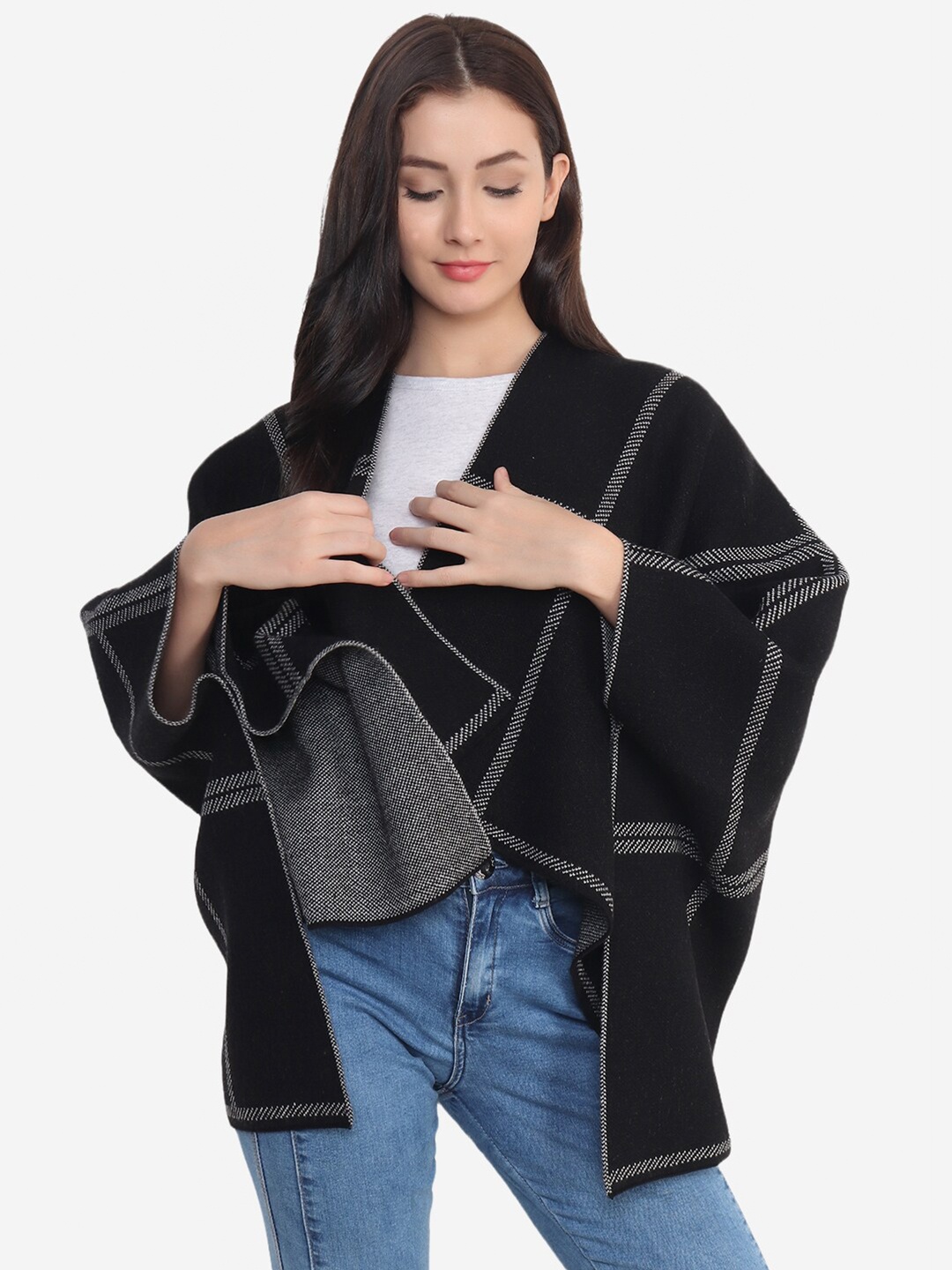 

JoE Hazel Women Checked Long Sleeves Poncho, Black