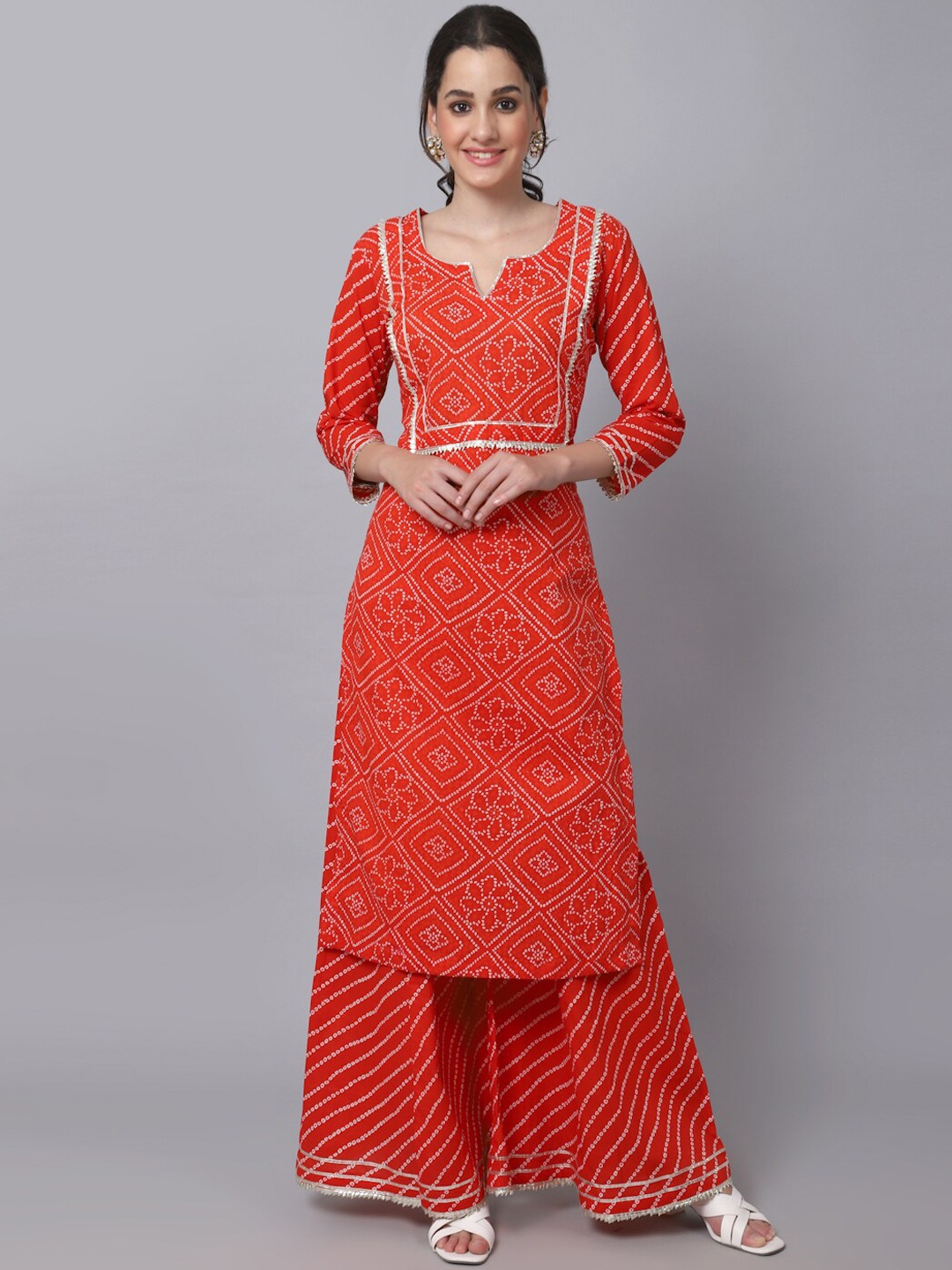 

anokherang Women Red Bandhani Printed Pure Cotton Kurta with Palazzos