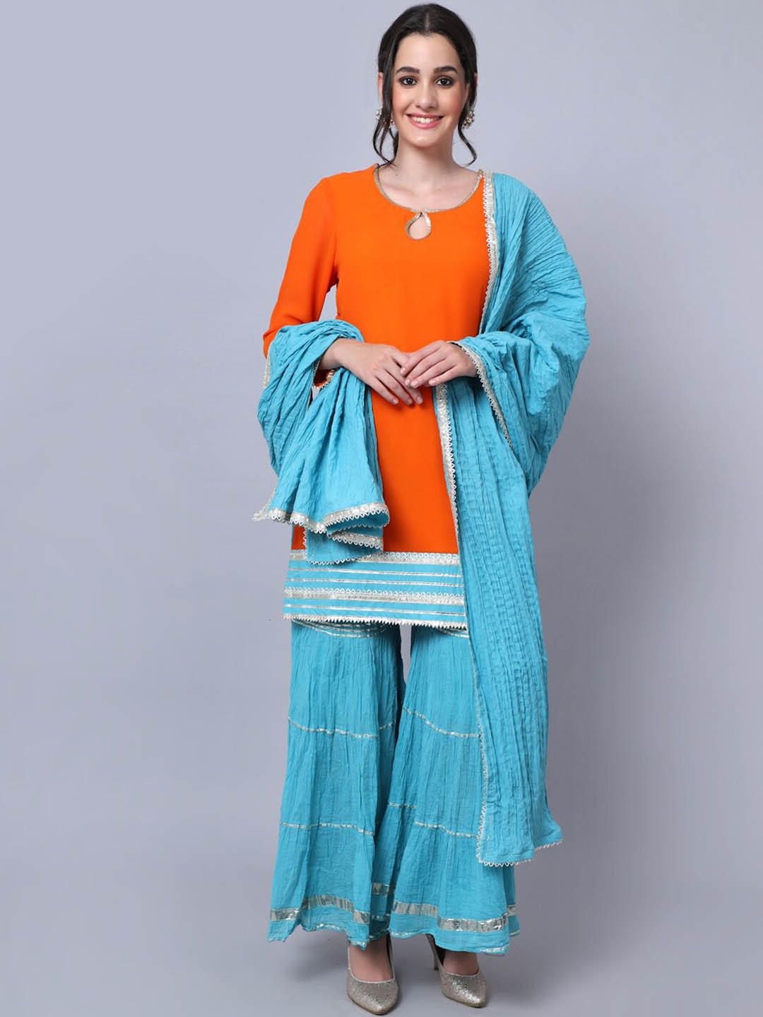 

anokherang Women Orange Gotta Patti Silk Georgette Kurti with Sharara & With Dupatta