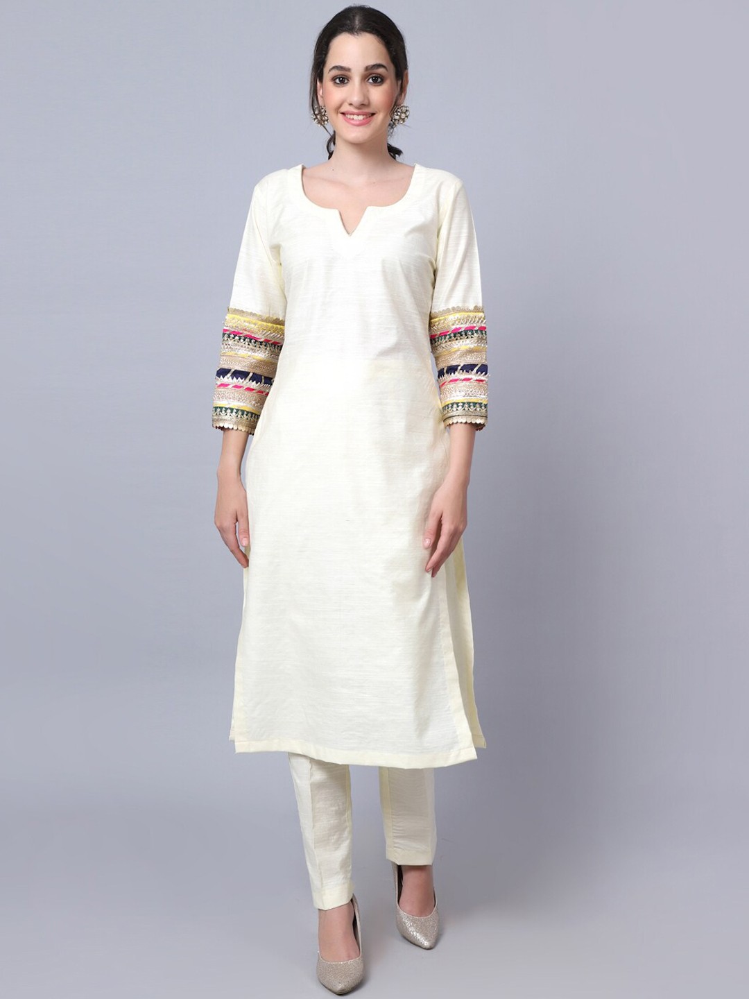 

anokherang Women Off White Embroidered Gotta Patti Kurta with Trousers