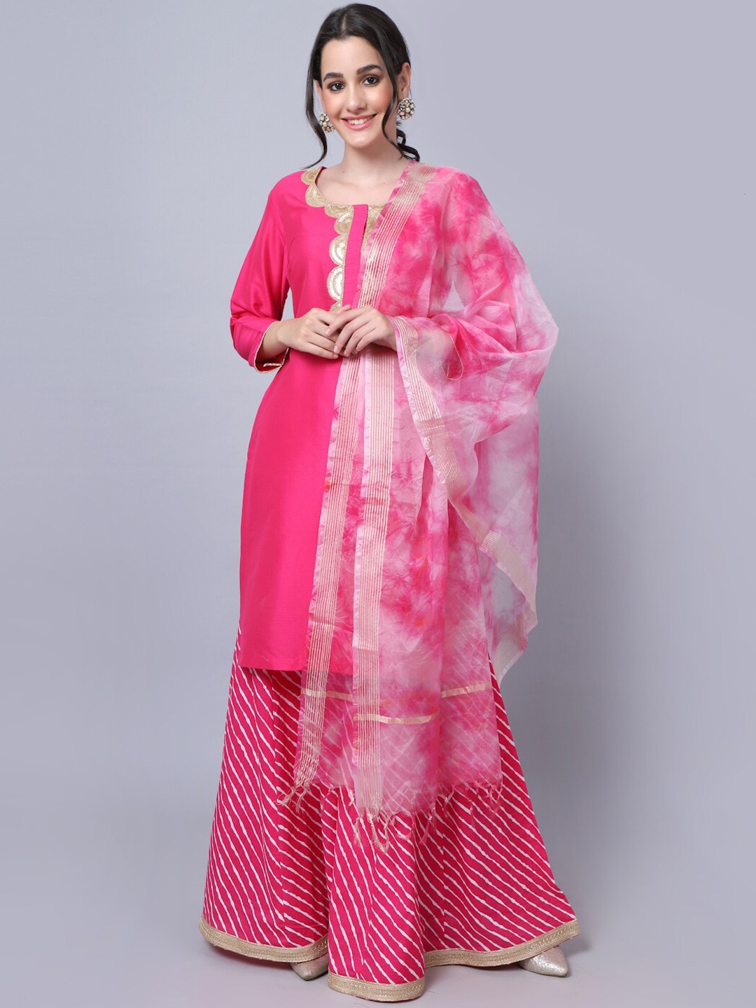

anokherang Women Pink Leheriya Embroidered Sequinned Kurta with Palazzos & Dupatta