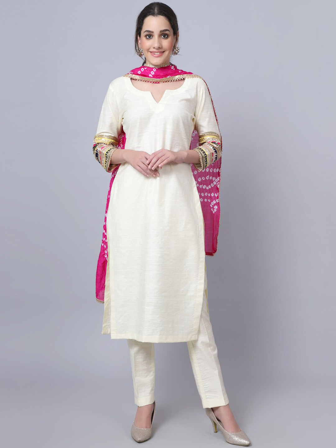 

anokherang Women Off White Embroidered Gotta Patti Kurta with Trousers & With Dupatta
