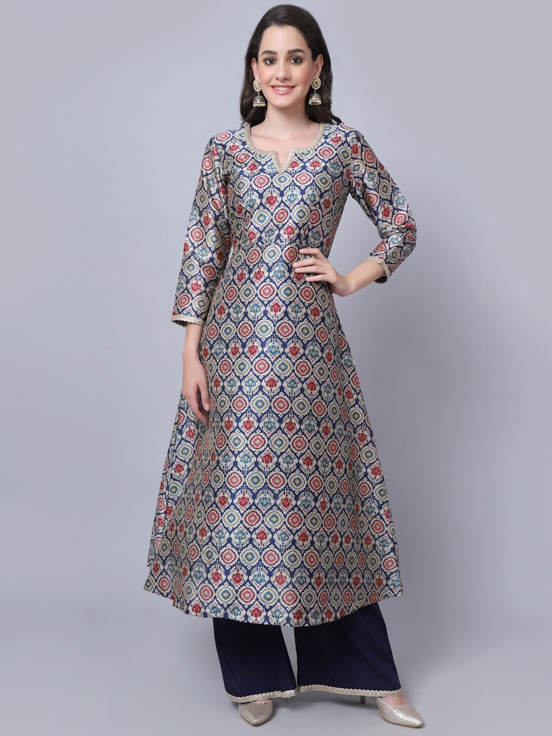 

anokherang Women Navy Blue Printed Pure Silk Kurta with Palazzos
