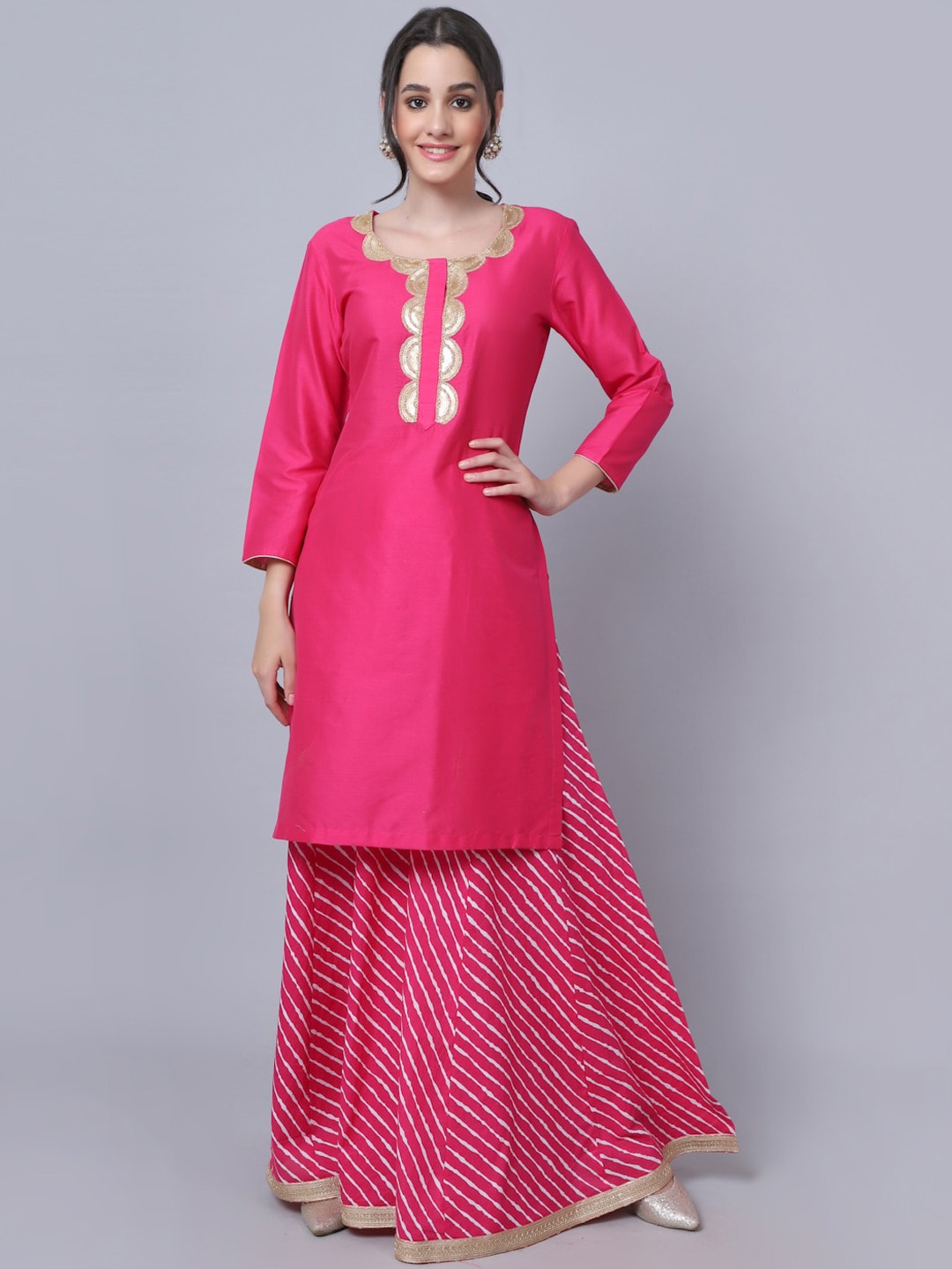 

anokherang Women Pink Leheriya Embroidered Sequinned Kurta with Palazzos